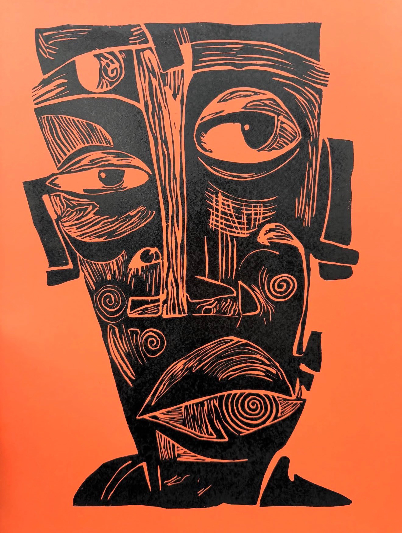 Face — Linocut, Orange