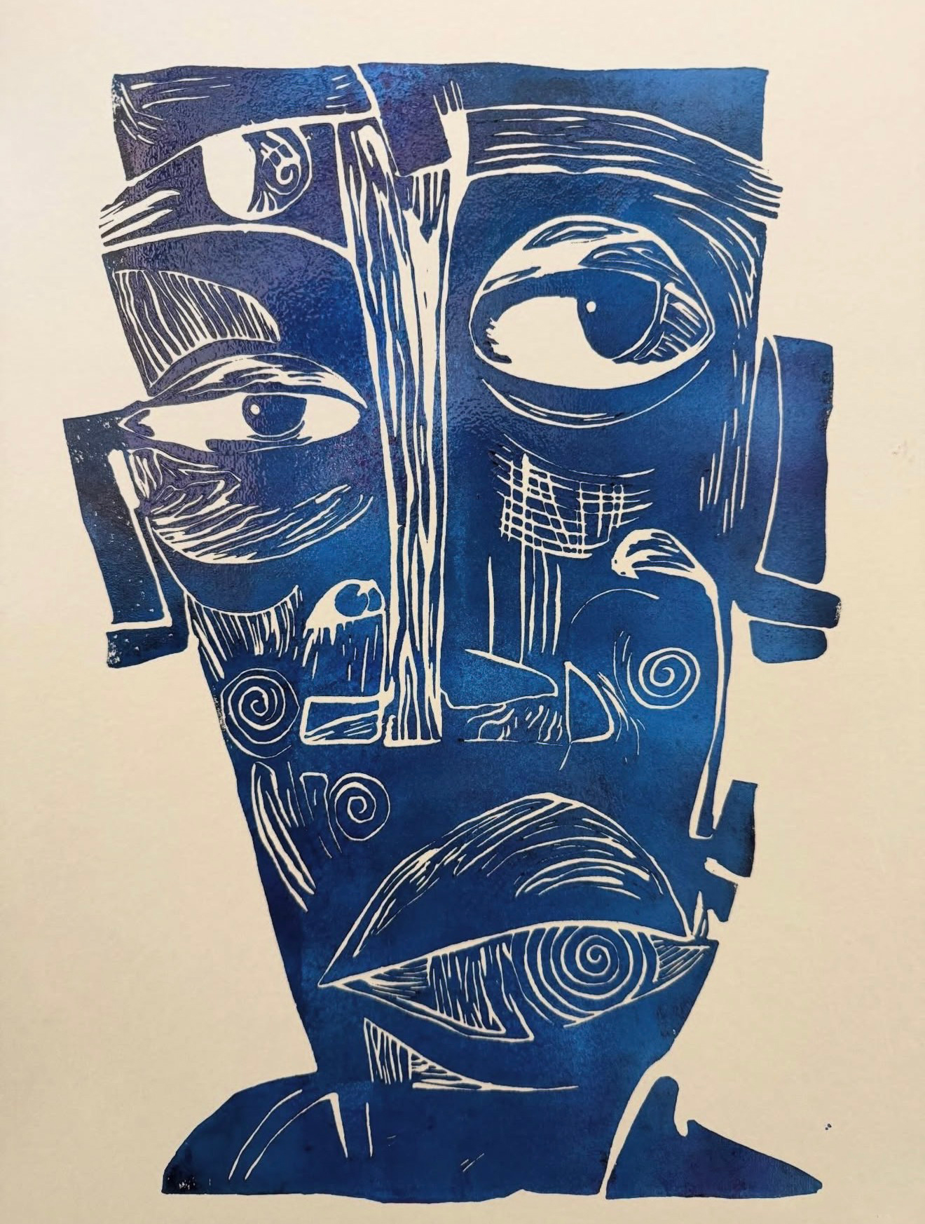 Face — Linocut, Blue