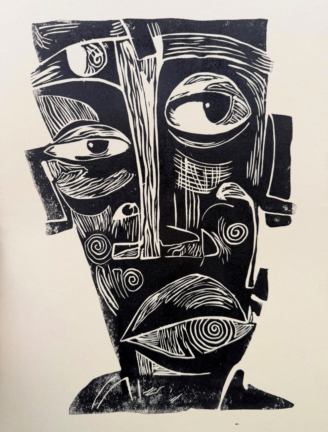 Face — Linocut, Black